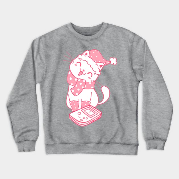 Kawaii pink kitty cat with retro gameboy Crewneck Sweatshirt by LukjanovArt